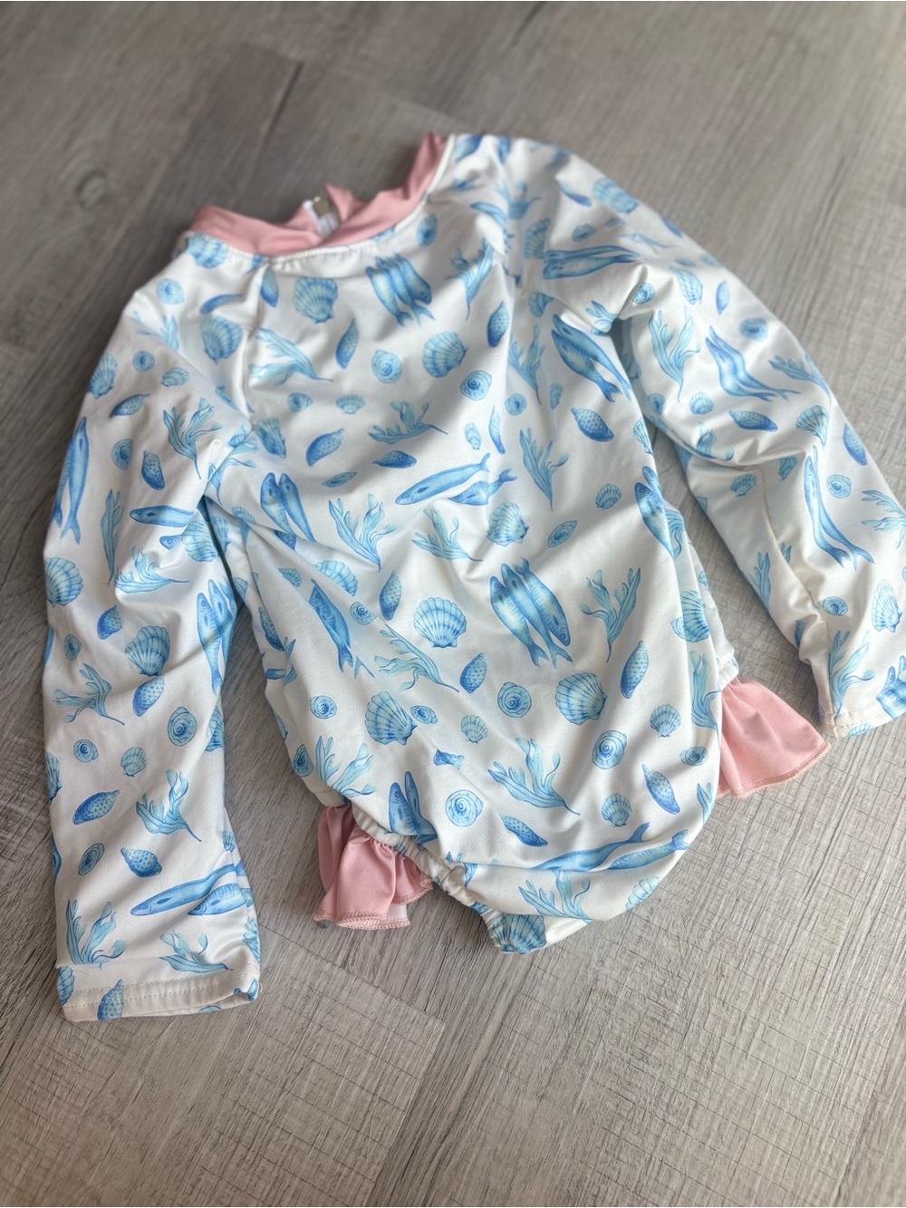 Long Sleeve Kids Rash Guard - Blue Seashell Print with Pink Trim